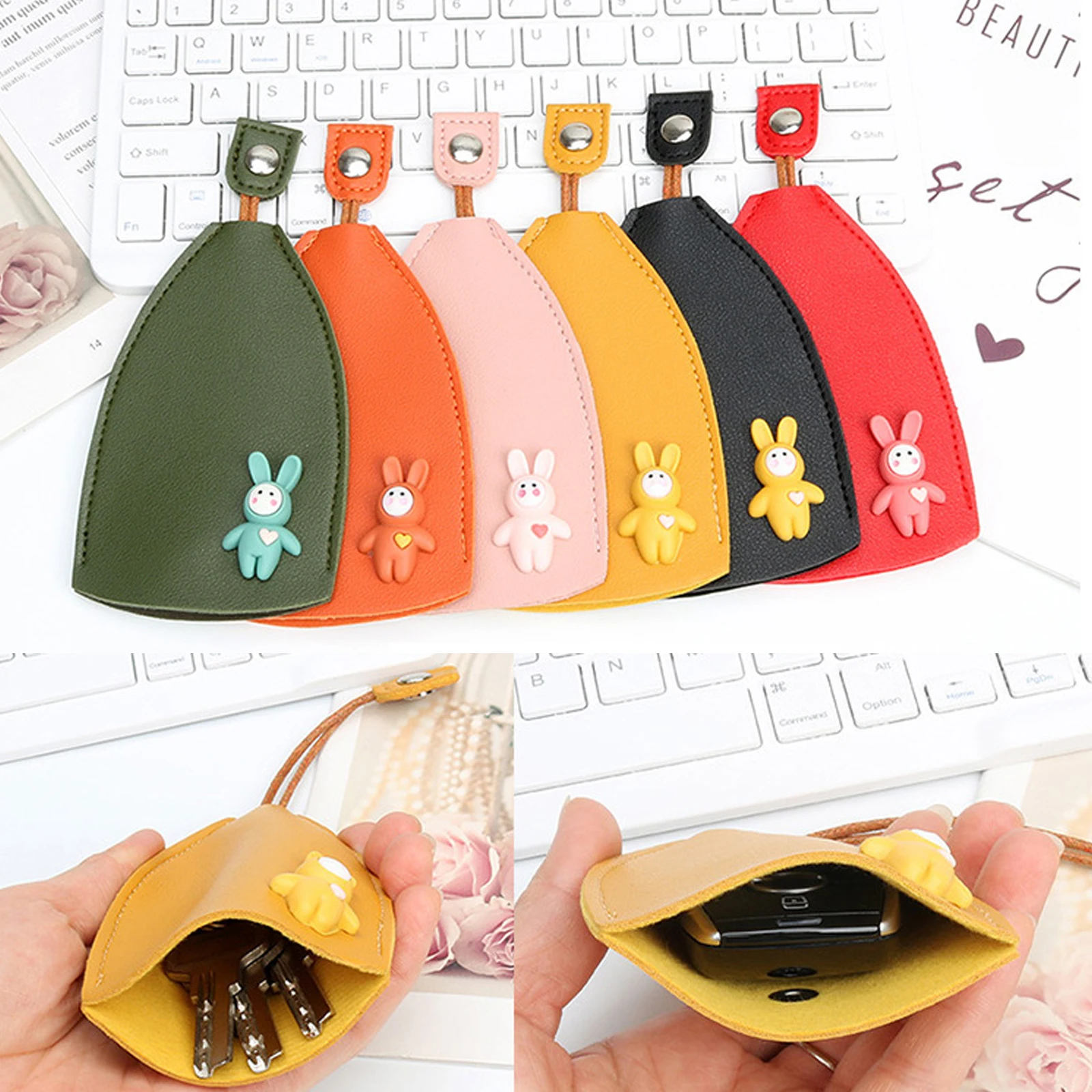 Cute Rabbit Creative Pull Type Key Bag PU Leather Key Wallets Housekeepers Car Key Holder Case Leather Keychain Pouch Sleeve