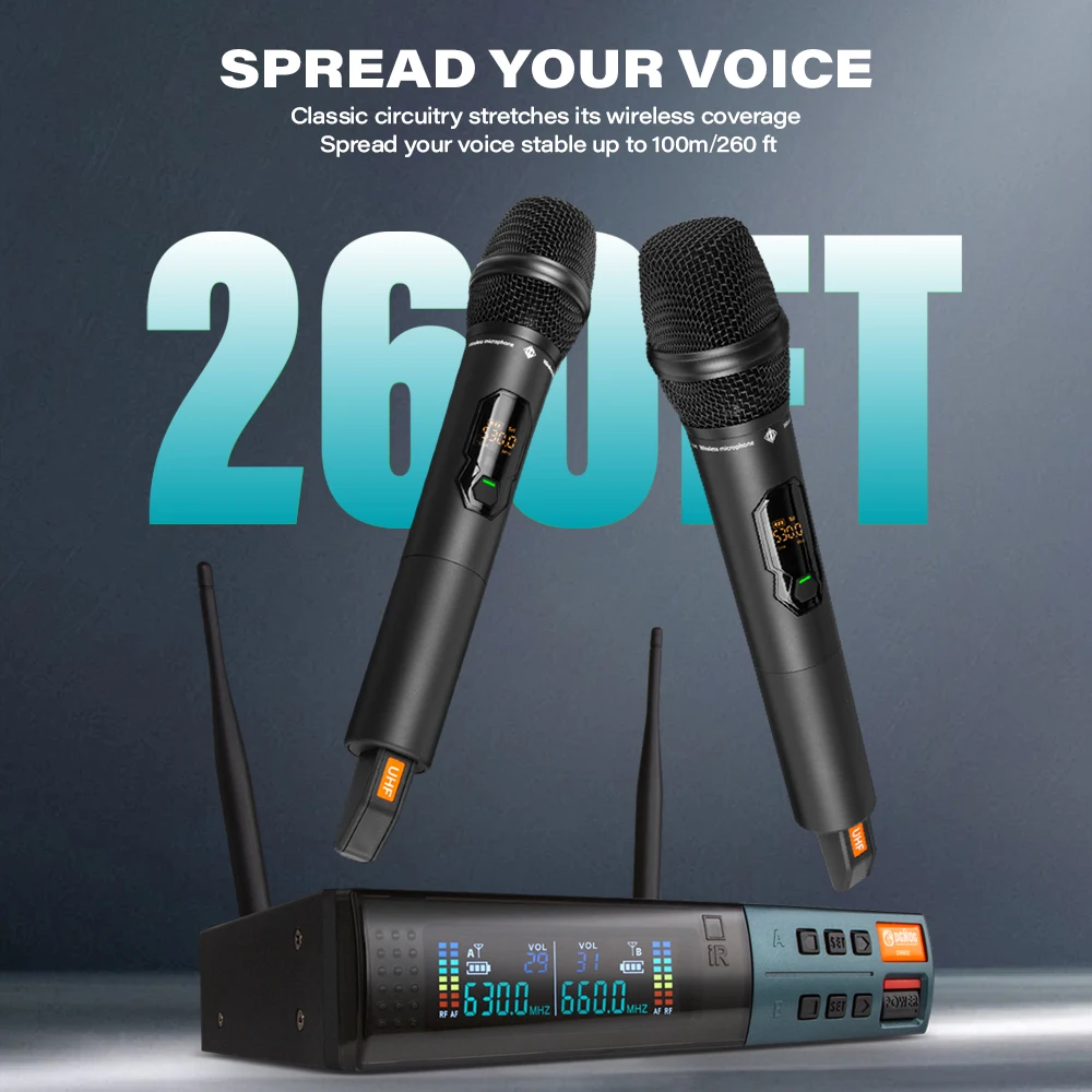 DGNOG UHF 무선 핸드헬드 마이크 시스템, 주파수 조절 가능, 2x50 주파수 금속 구조, 교회 DJ 노래방용 100M