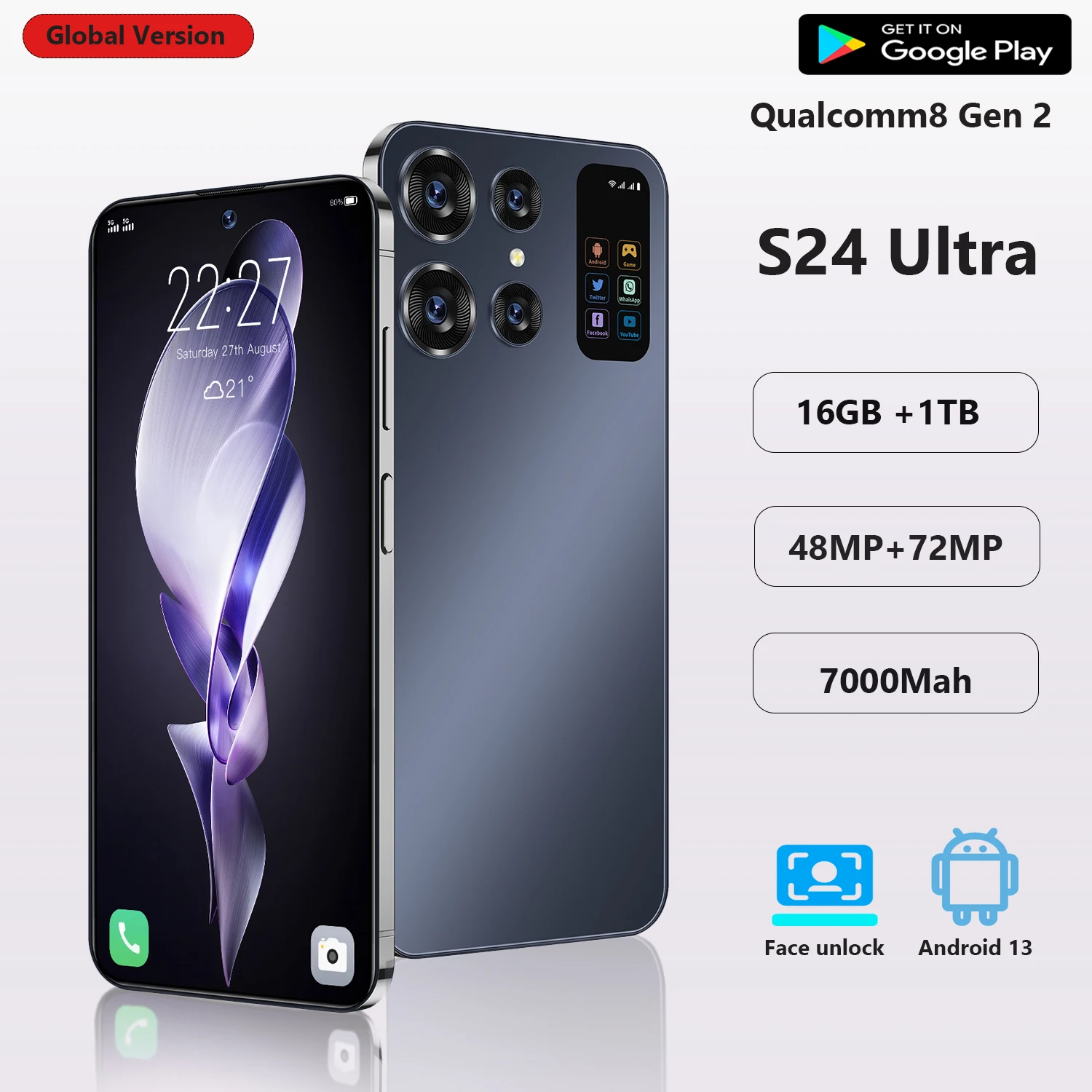 Оригинальный смартфон S24 Ultra, 7,0 дюйма, HDScreen, 16 ГБ + 1 ТБ, 7000 мАч, Android 13, 48 + 72 МП, мобильный телефон с двумя Sim-картами, разблокированный телефон