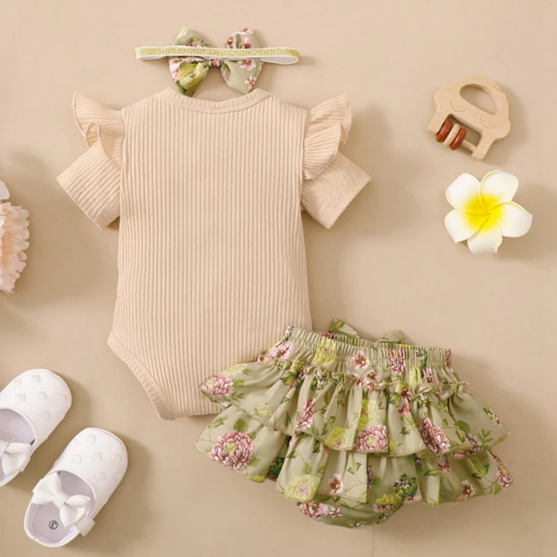 Synpos Newborn Baby Girl Clothes Set Short Sleeve Ruffle Romper Floral  Print Shorts Headband Infant 3 Pcs Outfits 0-18 Months