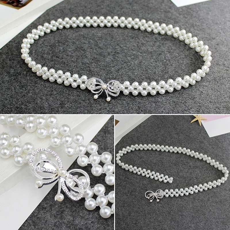 

Rhinestone Pearls Waist Belts for Women Dress Decoration Waistbands Elastic Buckle Faux Pearl Beaded Girdle for Female Girls