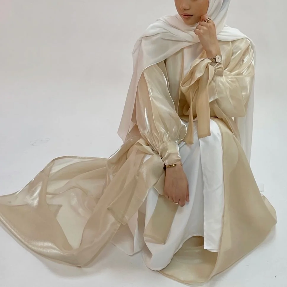 2024 Eid Abaya Dubai Puff Sleeves Muslim Dress Silky Turkey Kaftans for WomenRobe Kimono Islam Abayas Femme Musulmane African
