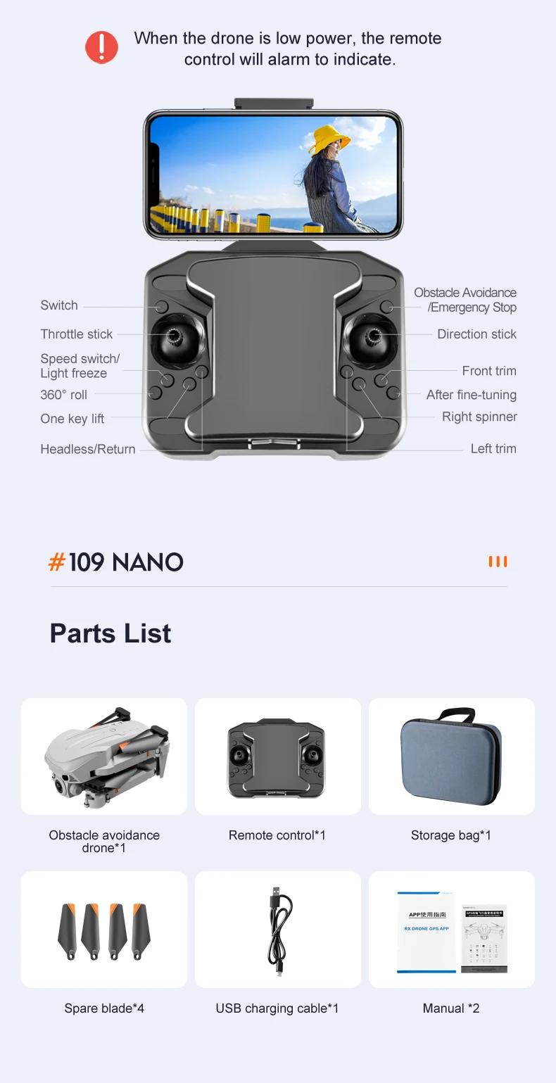 K109 Mini Drone - 2024 New Breathing Light 4K Dual HD Camera Automatic Obstacle Avoidance Professional Foldable Drone Quadcopter Gifts 46 K109 Mini Drone, when the drone is low power; the remote control will alarm to indicate