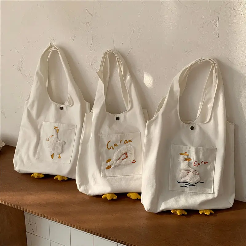 Cartoon Shoulder Bags Kawaii Canvas Bags Handbag for Women Shopper Cute Duck Tote Bag Japanese Style