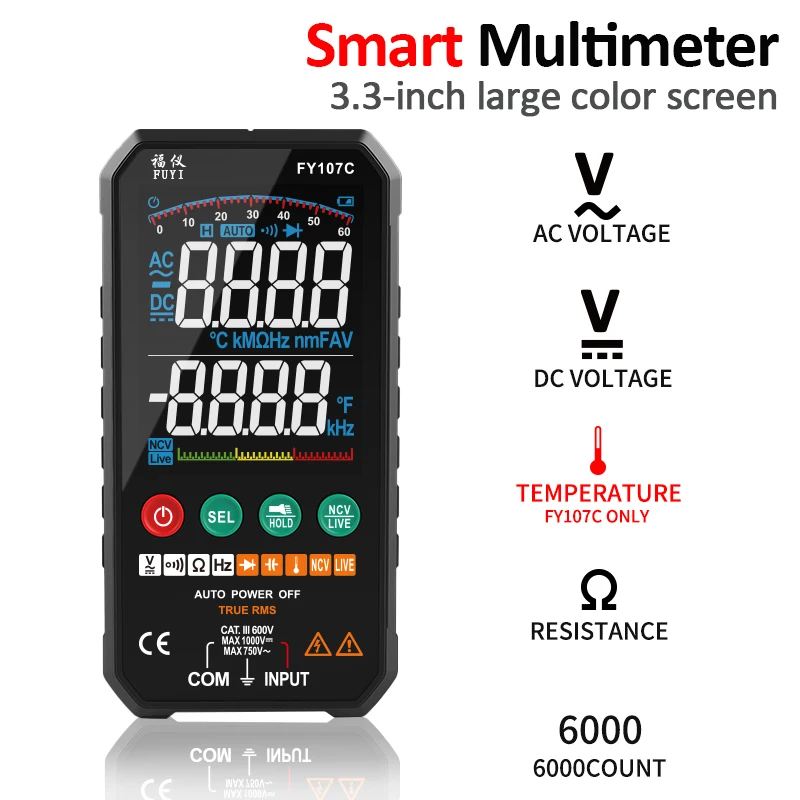 

FY107C/FY107B 3.3-inch LCD Digital Multimeter 6000 Counts True RMS Auto Range AC/DC Voltage Temperature Voltage Smart Meter