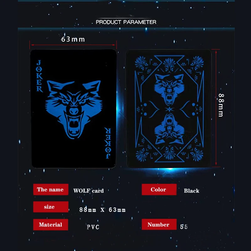 Description Picture 2 of item2025 New Black Waterproof Plastic PVC Playing Cards Sets Wolf Classic Magic Tricks Poker Creative Gift for Party Adult