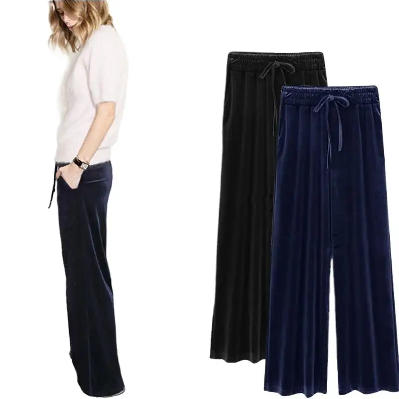 korean style одежда women casual warm velvet pant,fashion Winter wide leg velvet black trousers Plus size pantalones de deporte