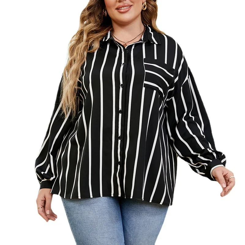 

Autumn plus size casual blouses 9XL 8XL 7XL new fashion Polo style commuter loose pocket button striped shirt.