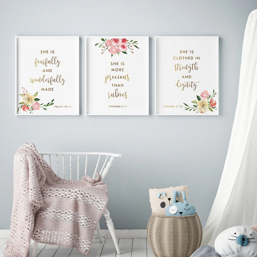 

Bible Verse Psalm 139:14 Christian Nursery Wall Art Canvas Painting Pictures Watercolor Flowers Prints Poster Baby Girl Decor