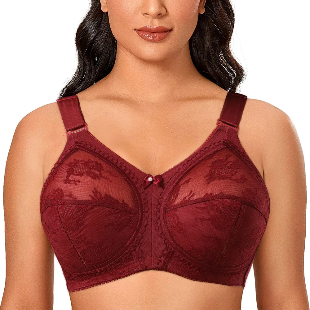 

New Wine Red Sexy Bra Women Bra Full Coverage Unlined Ultra Thin Plus Size Bra Wireless Big Minimizer Bras Big Size B C D DD E