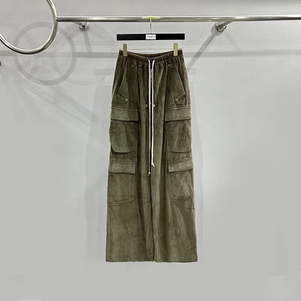 

Streetwear Rick Pants for Men High Street Women Wide-legged Pants 1:1 Higher Quality Ro Owens Corduroy Cargo Pants