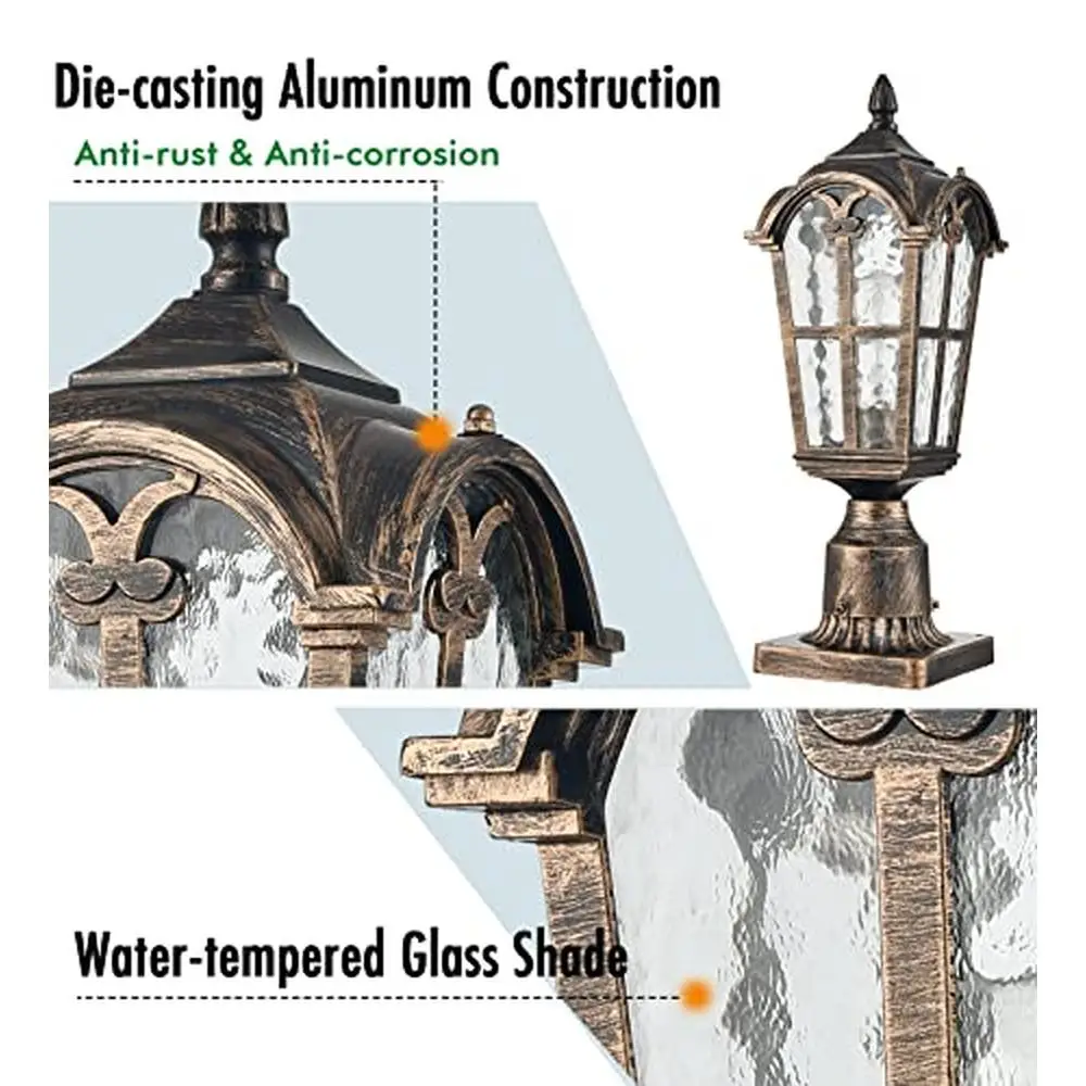 Outdoor Waterproof Aluminum Post Lantern with Water-Tempered Glass Shade Pier Mount and Pole Mount Applications ETL Listed
