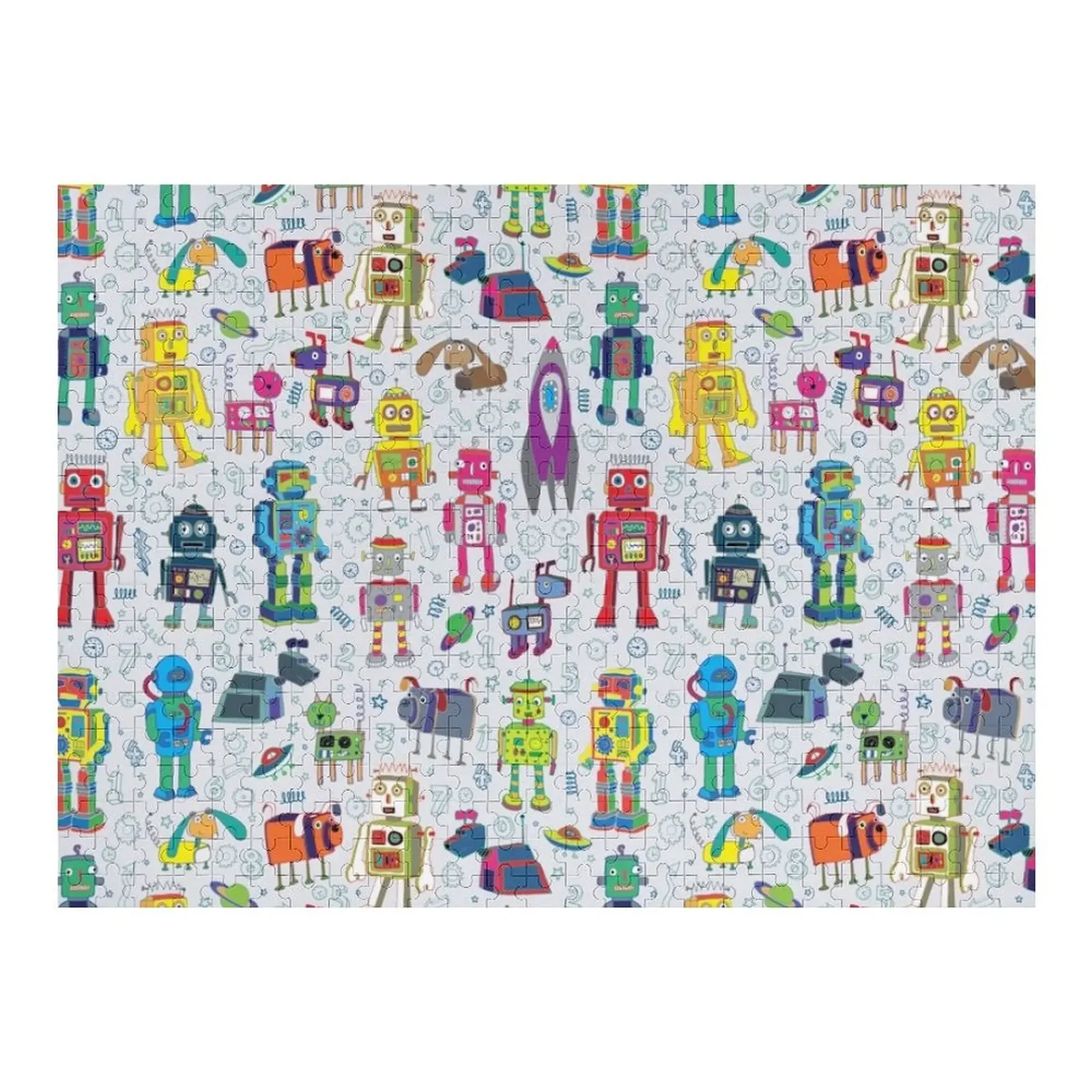 

Robots in Space - grey - fun Robot pattern by Cecca Designs Jigsaw Puzzle Personalized Child Gift Puzzle