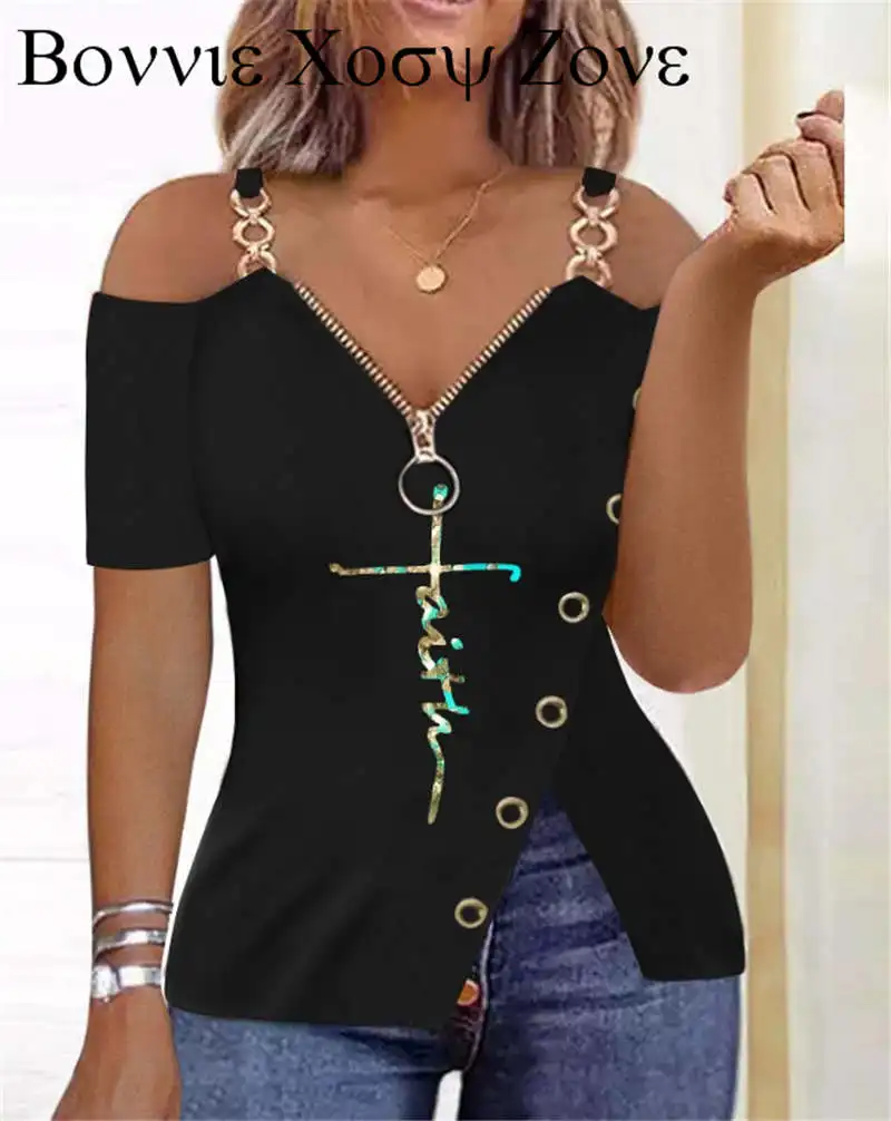 

Women Summer Short Sleeve Faith Print Split Hem Zip Detail Cold Shoulder Top