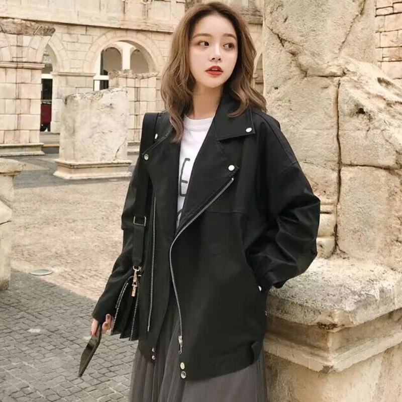2023 Autumn Women Faux Leather Jacket Female Soft PU Outerwear Casual Oversized Solid Color Loose Motorcycle Biker Leather Coat