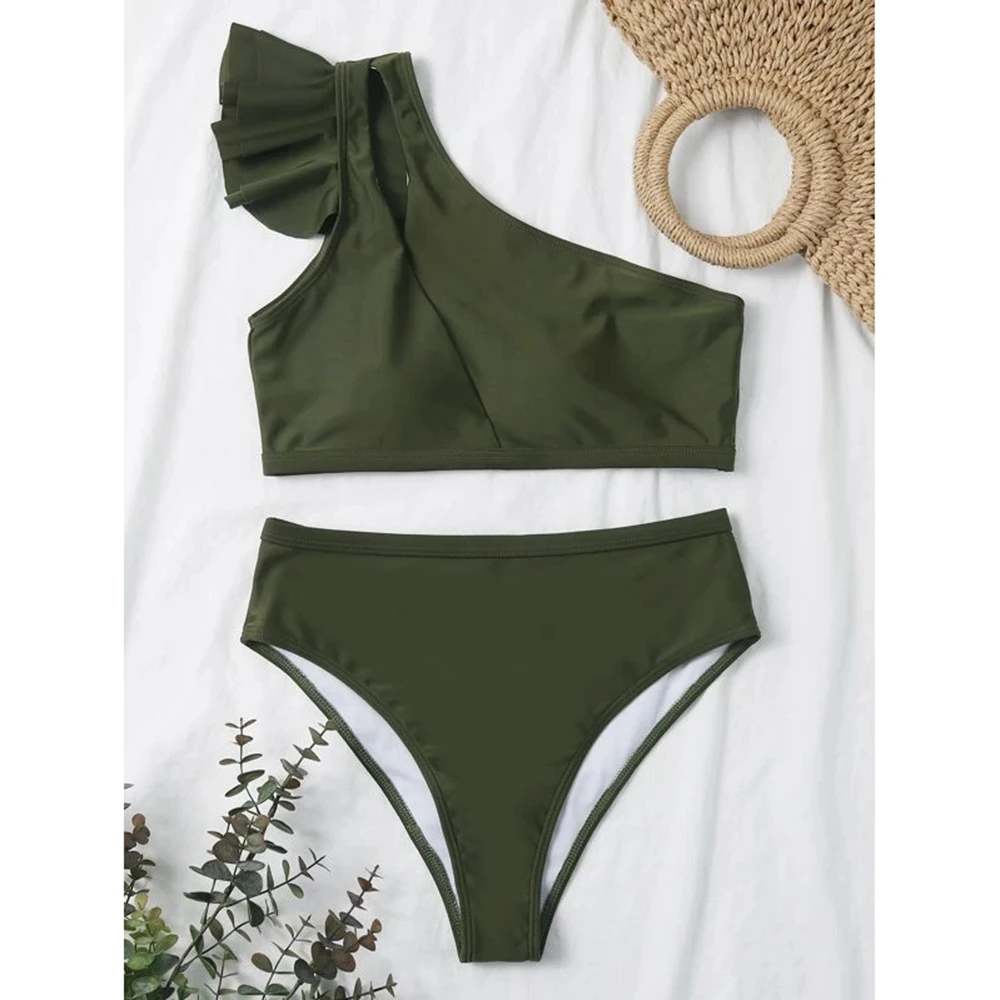 Women's Swimwear One-Shoulder Solid Color Ruffled Split Swimsuit Sexy Backless Beach Bathing Suit