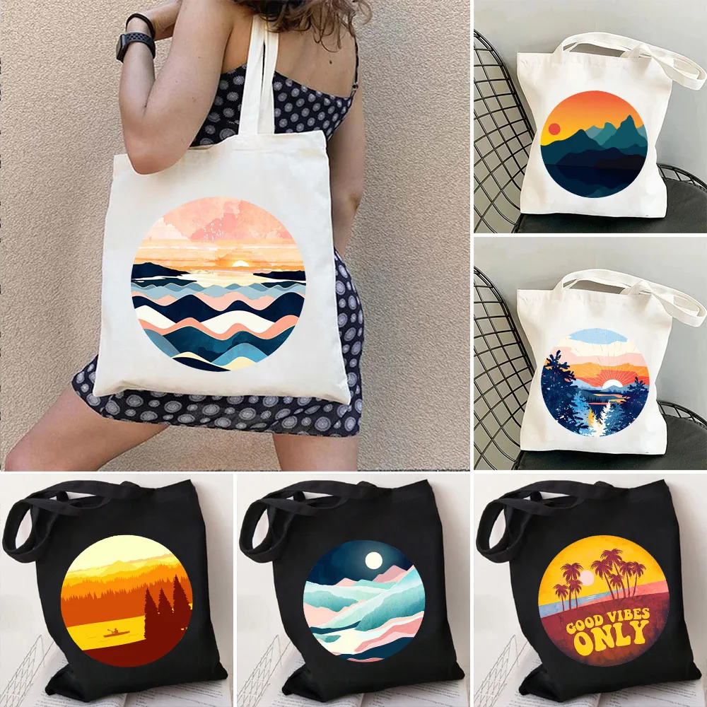 

Минималистичная Холщовая Сумка-тоут для мужчин и женщин, сумочка на плечо с изображением леса, гор, облаков, заката, восхода и океана, естественная Vista, ландшафта, осень