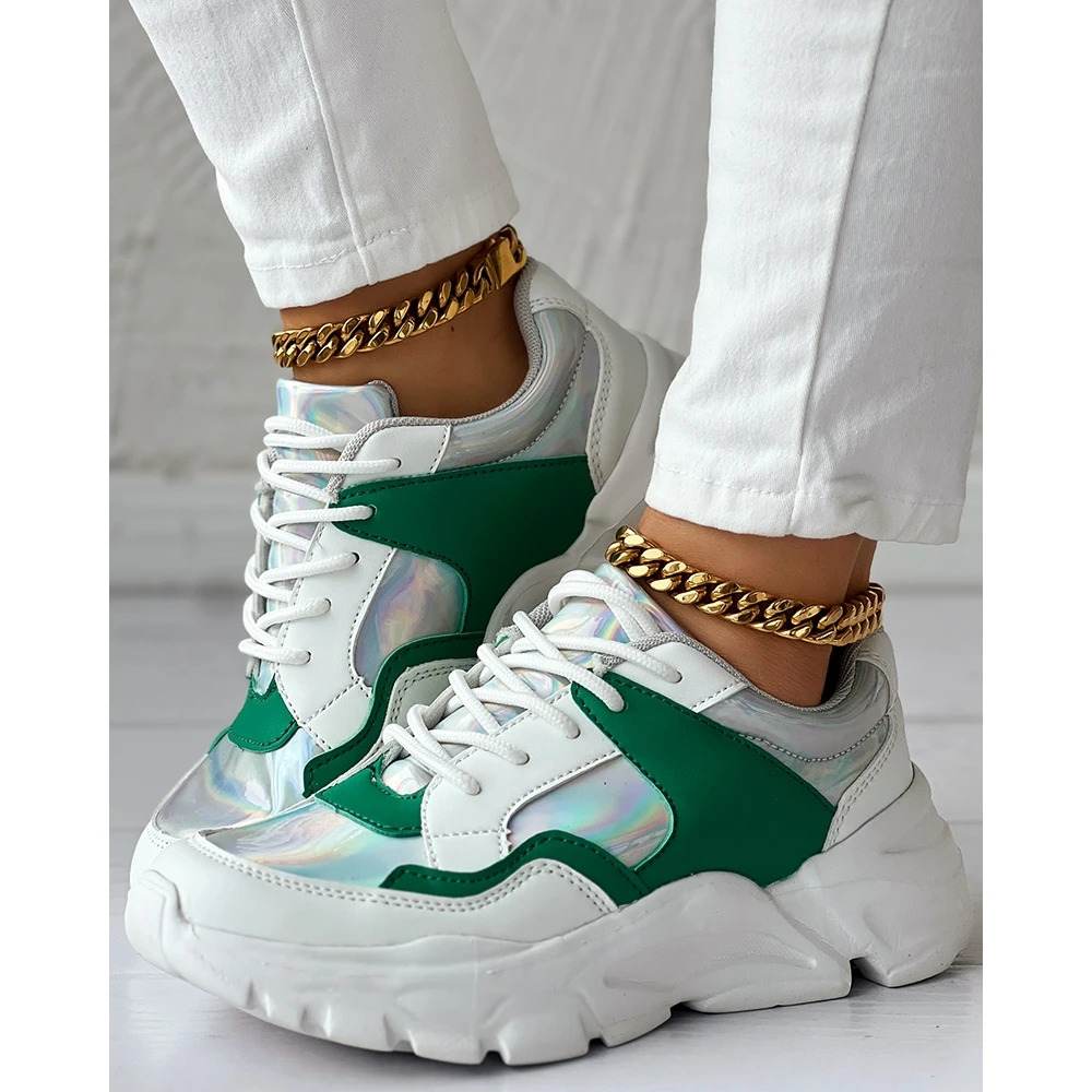 Fashion Women Colorblock Lace-up Sneakers Daily Casual Round Toe Platform Sports Shoes Spring Fashion Going Out Shoes Low Price