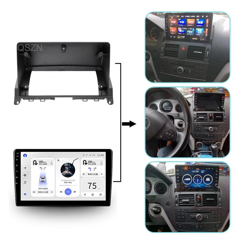 9 Car radio Installation Fascias Panel For Benz C Class 2007-2011 harness Power cable Canbus box Audio Dash Fit Pane