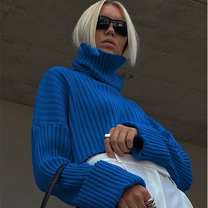 

Women Fashion High Neck Sweater Female casual Autumn Solid long Flare Sleeve Turtleneck Knitted Pullover Bottom Tops Streetwear