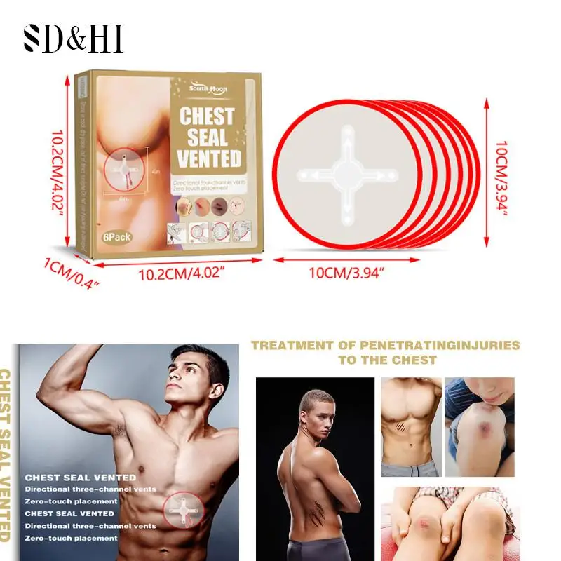 

6Pcs/box Outdoor Safety Survival Emergency Trauma Sticker Chest Seal Medical Chest Seal Vented First Aid Patch Tools