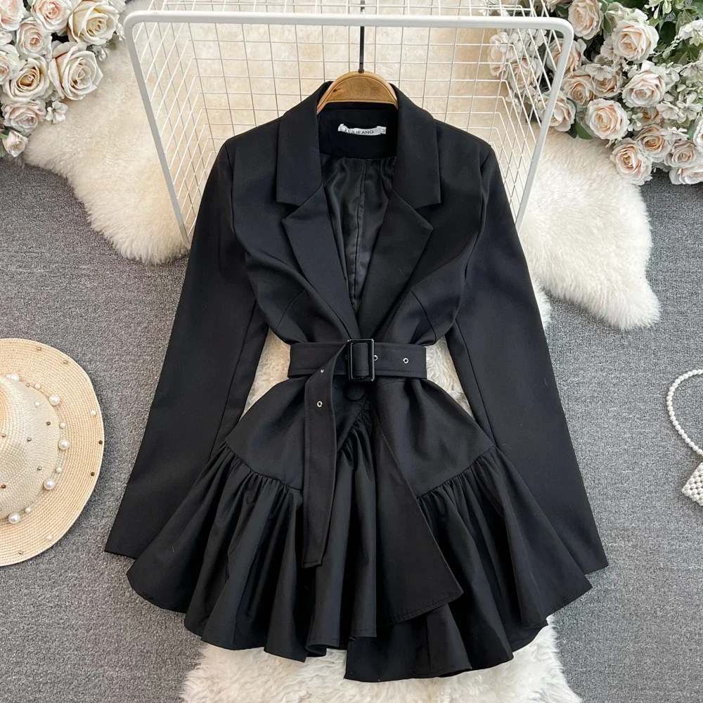 

VANOVICH Temperament Long-sleeved Notched Waist Slim Irregular A-line Dress Autumn Women Elegant Solid Color Mid-length Dress