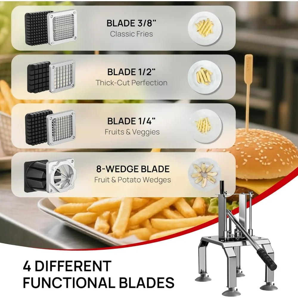 Professional Stainless Steel French Fry and Vegetable Slicer with Four Blades: 3/8, 1/2, 1/4, and 8-Wedge OptionsNEW-