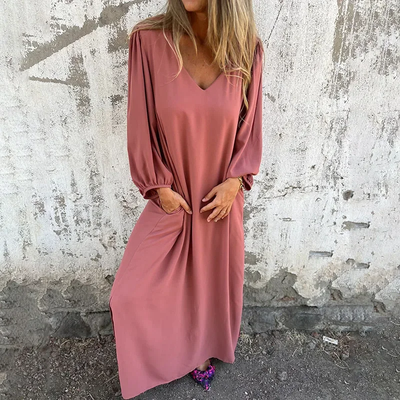 

Loosen V-neck Simple Casual Long Dress Women 2024 Spring Solid Color Pocket Slit Maxi Dress Autumn Lantern Sleeve Bohemian Dress