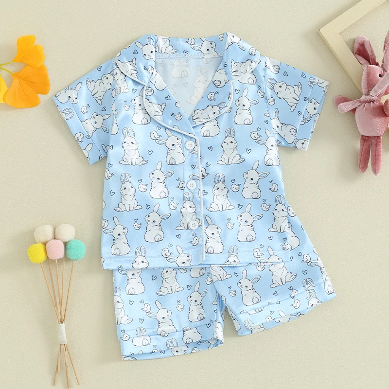 

Детские Пасхальные пижамные комплекты для девочек и мальчиков, рубашка с короткими рукавами и принтом кролика и эластичные шорты, домашняя одежда, одежда для сна
