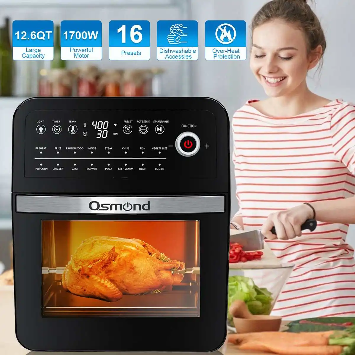 OSMOND 21L/22QT 1700W Electric Air Fryer Oven 16 In 1 Multi-function Air Oven LED Touch Screen Healthy Cooking Air Fryer