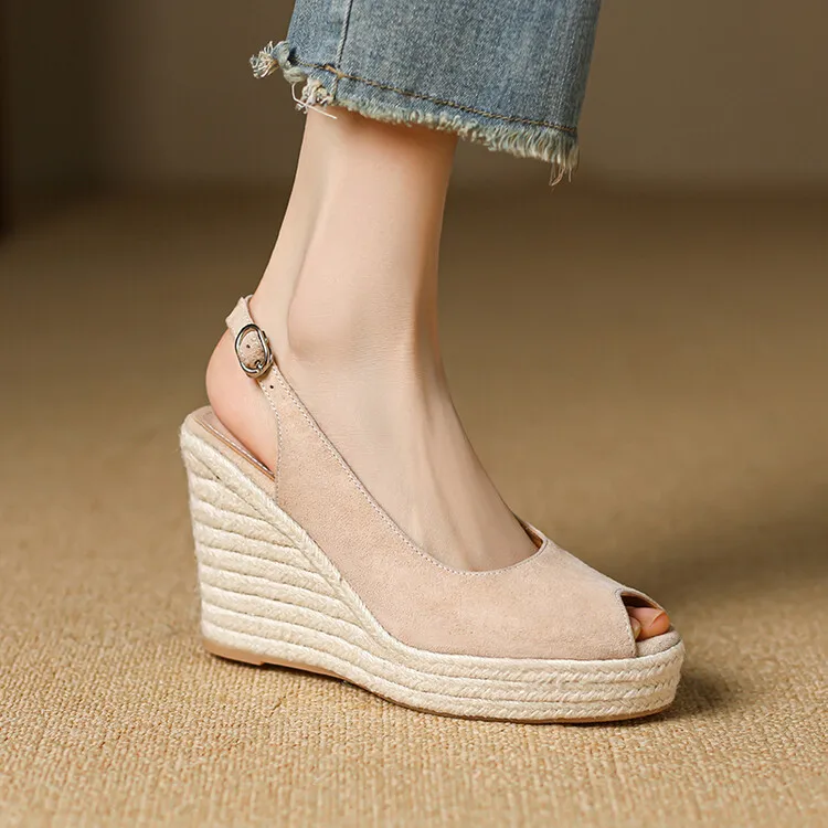 EAGSITY cow suede peep toe Casual wedges sandals platform Women slingback heel shoes espadrilles ankle strap pumps bohemia style