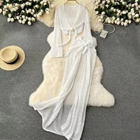 knitting Long Sleeve Bonds Top One piece Skirt Women Beach Vacation Bikini Cover Up Sun Bathing See-Through Sunscreen Smock - Image 4
