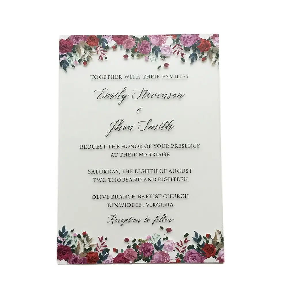 

100 Sets Per Lot Unique Floral Watercolor 5x7inch Frosted Acrylic Wedding Invitation Cards
