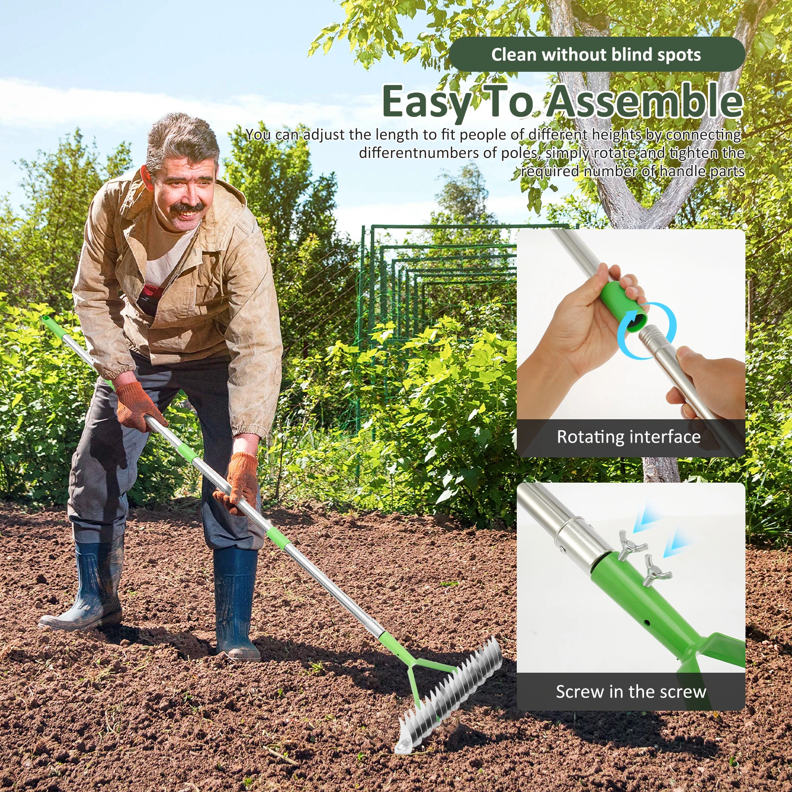 Thatch Rake Double Sided Lawn Rake Stainless Steel Adjustable Dethatcher with 4 Sections Handle Garden Tool for Clear Dead Grass farming rake