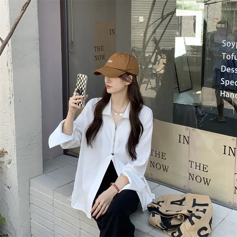 2024 Herbst Streetwear Langarm weißes Hemd und Bluse Frauen minimalist ischen Reiß verschluss übergroße Damen hemden weibliche Kleidung y2k Top – Detail 10