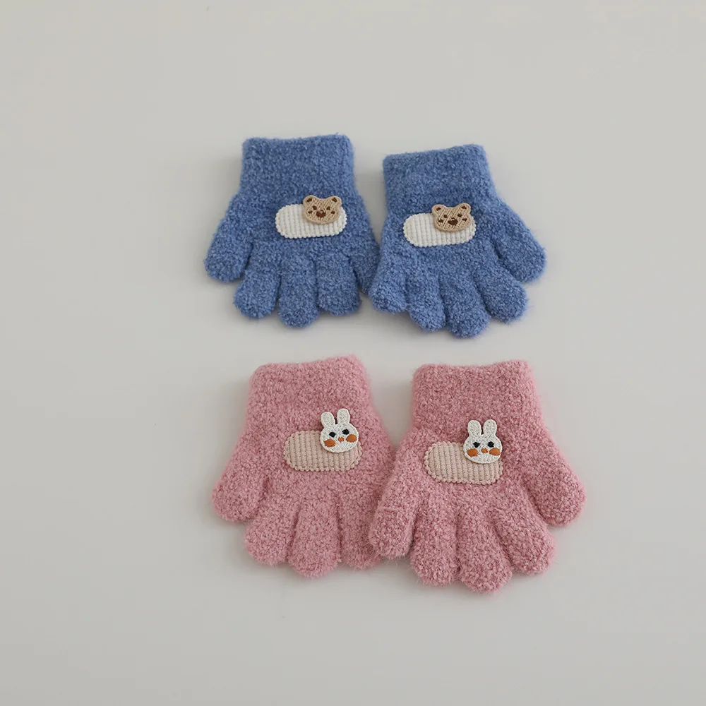 Autumn Winter Warm Thicken Girls Baby Gloves Bunny Cartoon Kids 1-3Y Five Fingers