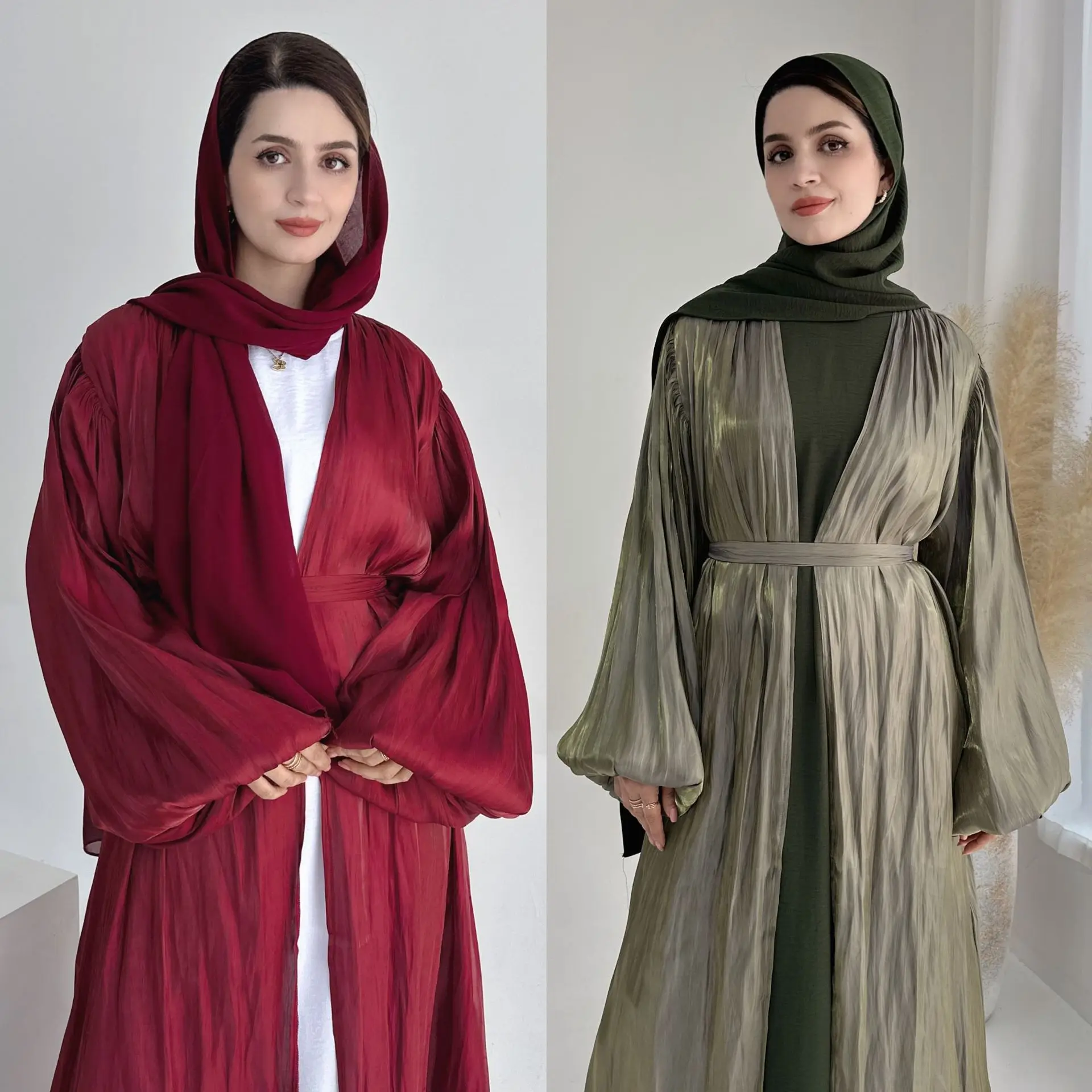 

Modest Muslim Satin Kimono Cardigan Scarf Abaya Set Women Dubai Turkish Hijab Dress Eid Ramadan Jalabiya Arabic Robe Gown Islam