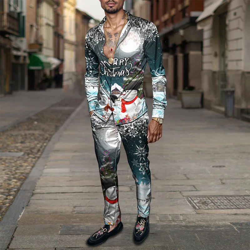 Christmas Printed Men's Shirt Set Two Piece Gingerbread Snowman_voghion.com