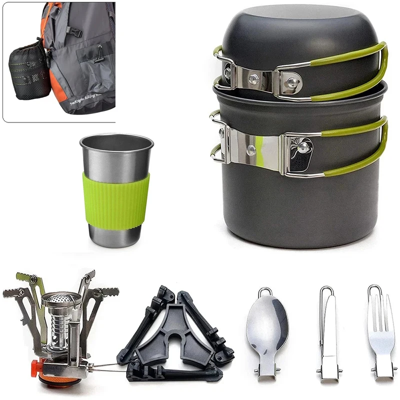 Portable Camping Cookware Set Outdoor Pot Gas Stove Set Foldable Spoon Fork Knife