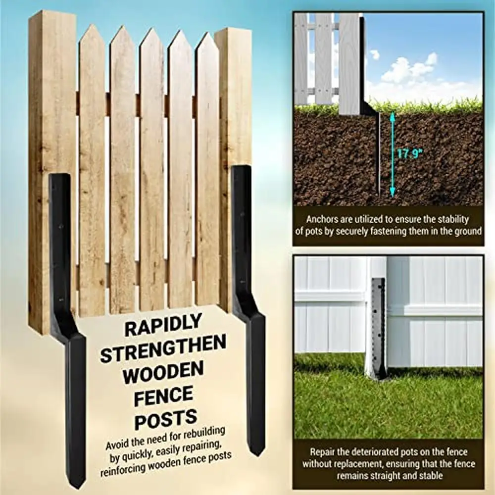 Heavy Duty Steel Fence Post Anchor Spike Repair Kit Set Repairing Tilted/Broken Wood Fence Posts Durable Anti-Rust Powder Coated