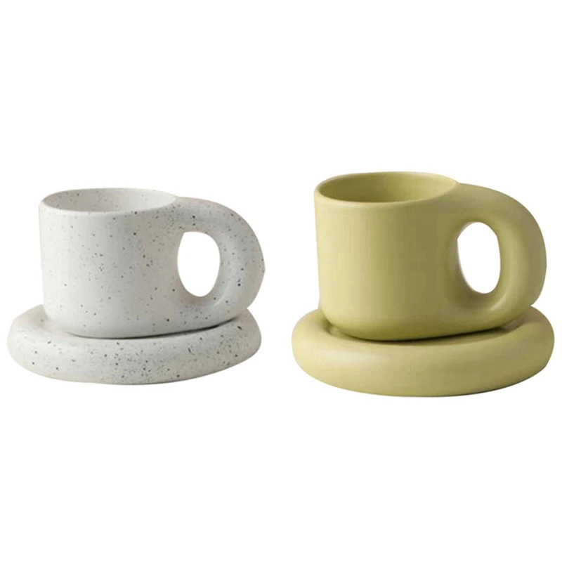 

2 Set 300Ml Handle Mug And Oval Plate Ceramic Cup Saucer For Coffee Tea Milk Cake Home Decor, White & Matcha Color