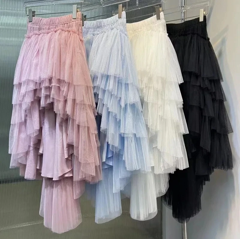 

High Quality Long Skirt 2024 Spring Fashion Sexy Asymmetrical Style Skirt Ladies Elastic Waist Ruffle Sexy Blue Pink Black Skirt