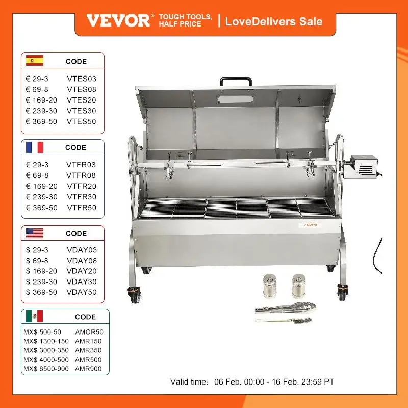 Vevor Girarrosto Spiedo Bbq Con Coperchio 50W In Acciaio Inox Manuale/Elettrico Capienza Max. 60Kg Altezza Regolabile 19-43,2Cm, Kit Di Girarrosto Spi