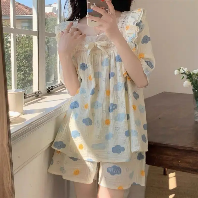 여성용 루즈한 클라우드 프린트 파자마 세트, 달콤한 러플, 올 매치 소녀 잠옷, 가정 얼짱, 캐주얼 학생, 공주 여름