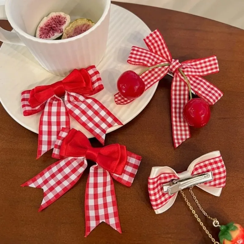 Red Cherry Bow Girls Hair Clip Plaid Lace Bow Ribbon Strawberry Hairpin Kawaii Side Bangs Clip Barrettes Kids Headwear
