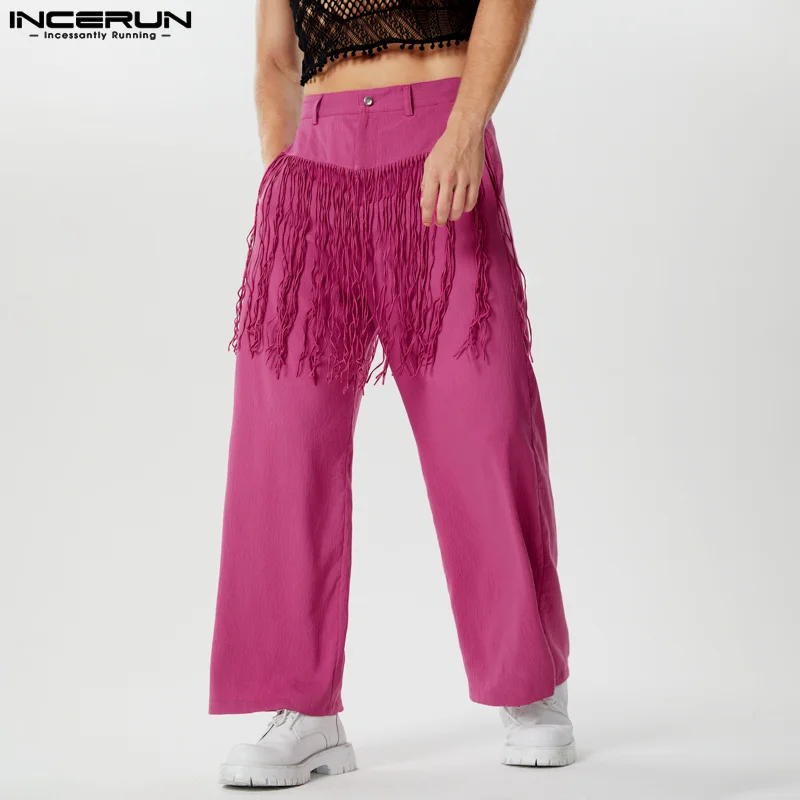 

INCERUN 2024, брюки в американском стиле, мужские тонкие прямые брюки с бахромой в стиле пэчворк, Повседневная Уличная индивидуальная однотонная модель брюк