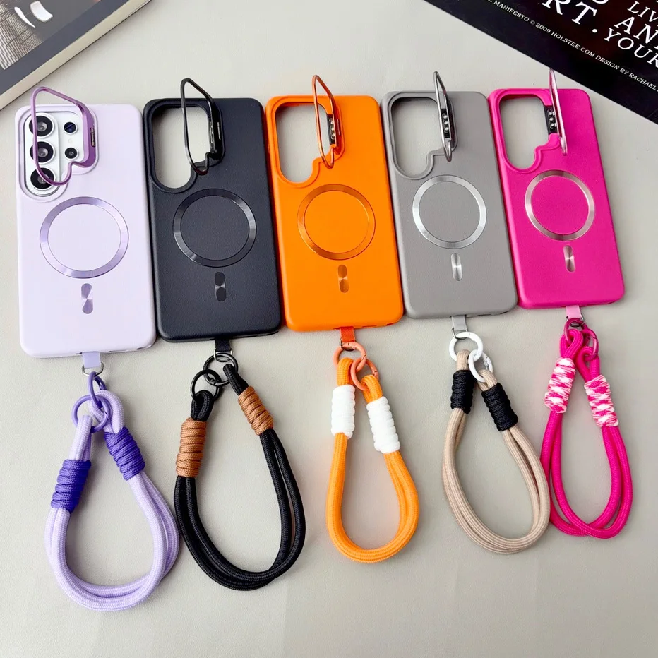 Leather Textured Wrist Strap Case with Metal Lens Bracket and Magnetic Ring Cover