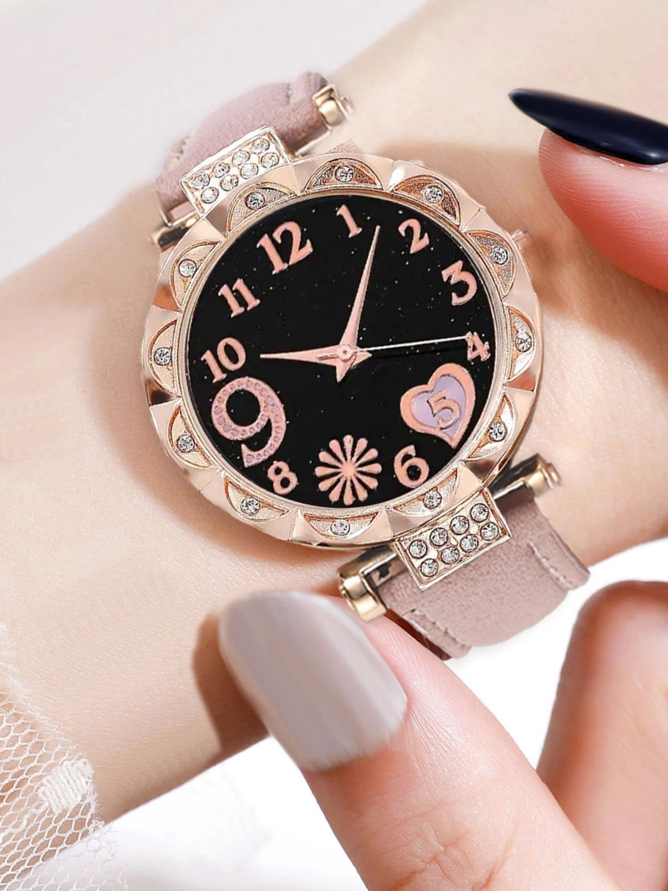 6PCS Women's Fashion Quartz Watch Luxury Pink Leather Band Analog WristWatch Ladies Watch Women Dress Bracelet Set Clock