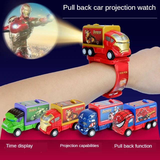 Cartoon Car Spiderman Children Watch Toy Pull Back Car Projection Watch