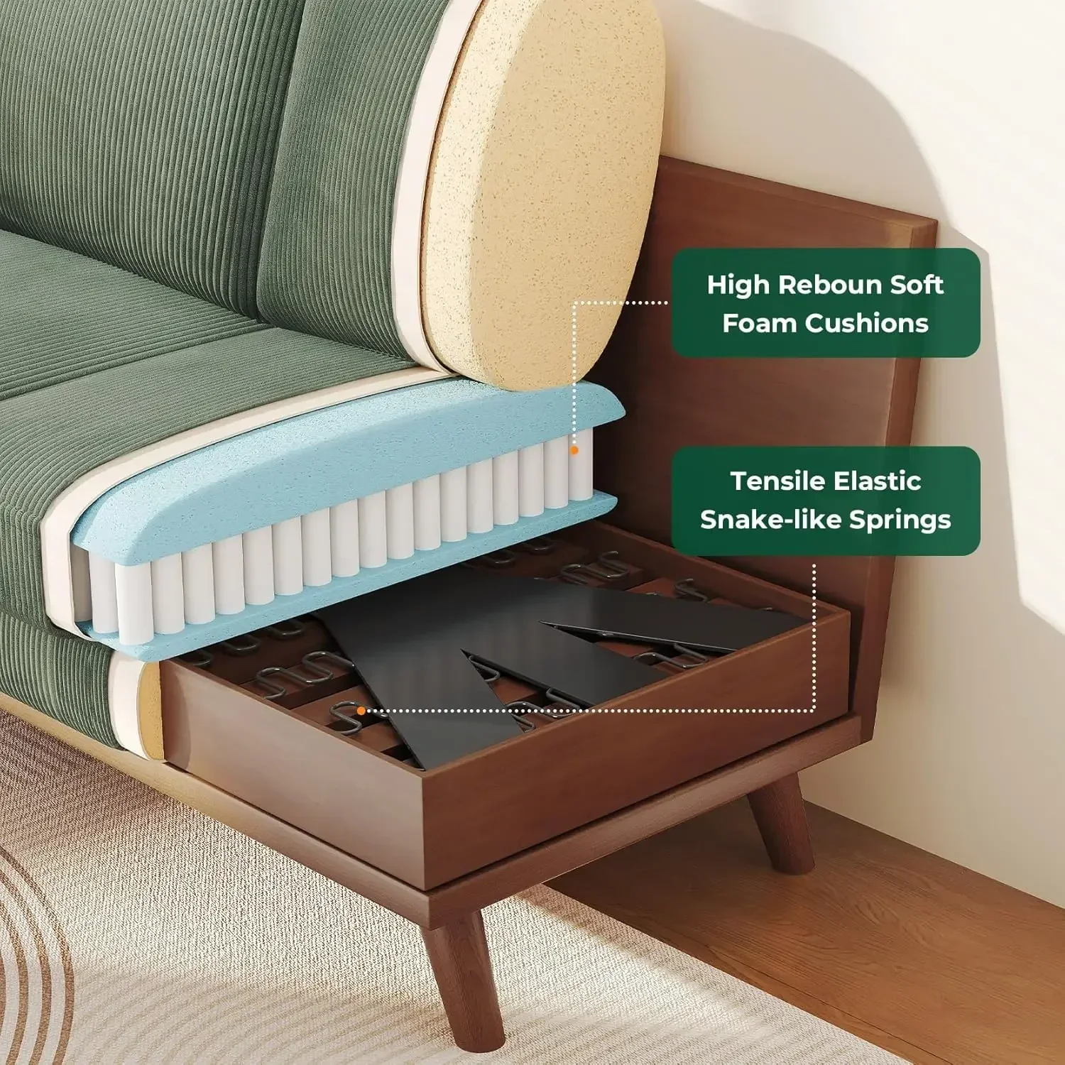 Bedroom & Living Room，68" Loveseat Sofa - Green, Comfy Corduroy with Spring Cushion, Solid Wood Frame, Modern Deep Seat